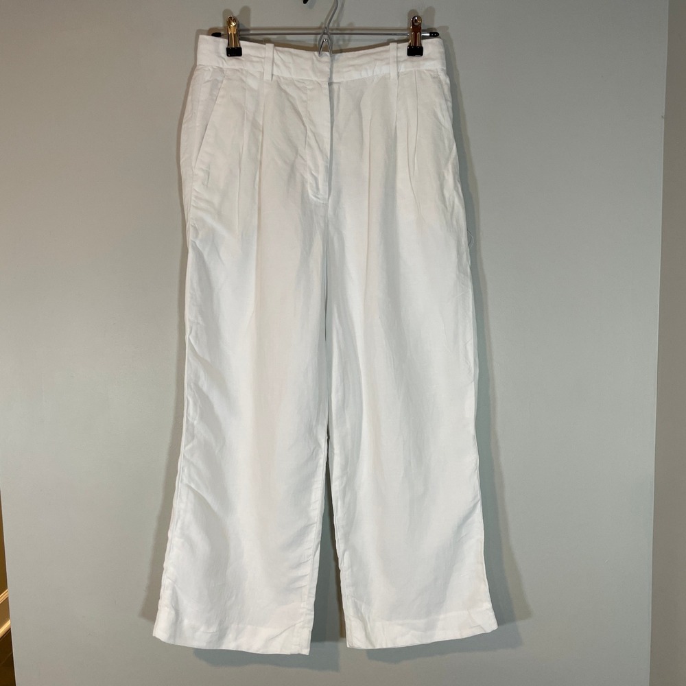 Wilfred Aritzia White Linen Blend Wide Leg Pleated High Rise Cropped Trousers 8